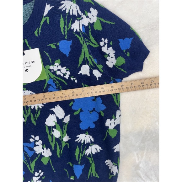 Kate Spade Floral Print Short Sleeve Crewneck Sweater Top Sz L Blue Pull Over - Picture 6 of 11